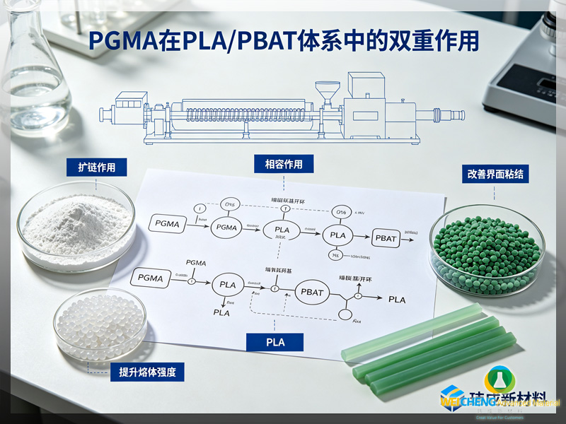 反应型扩链 + 两相相容 双功能逻辑配图 PGMA 为什么能改善 PLA/PBAT 共混体系