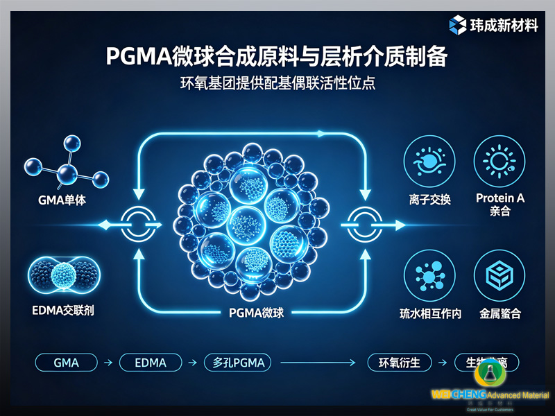 PGMA 微球 原料 → 聚合微球 → 环氧衍生化 → 层析介质