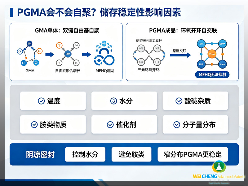玮成新材料 PGMA储存稳定性影响因素示意图,区分GMA双键自聚与PGMA环氧自聚反应路径