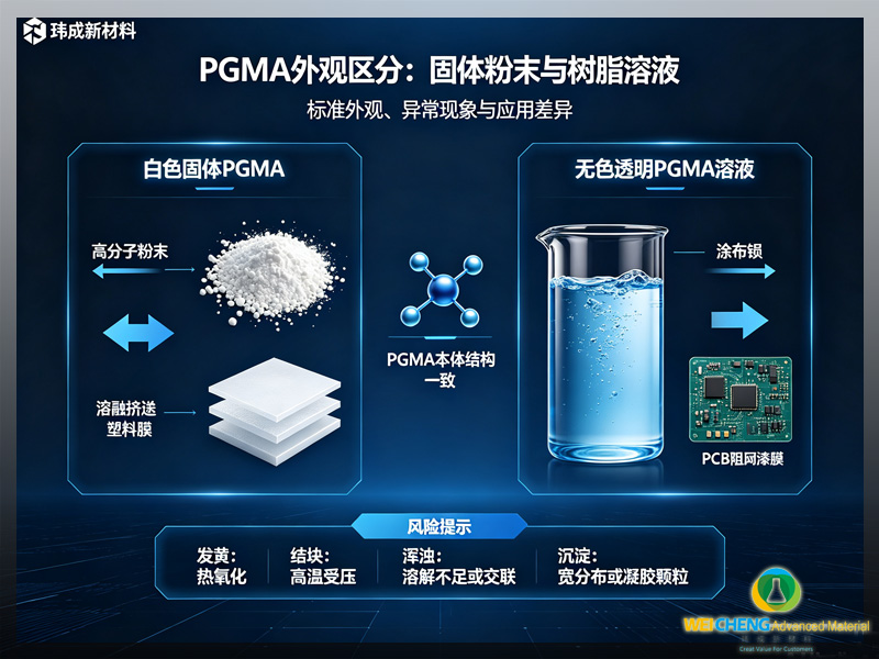 玮成新材料 PGMA白色固体粉末与无色透明树脂溶液实物外观对比示意图