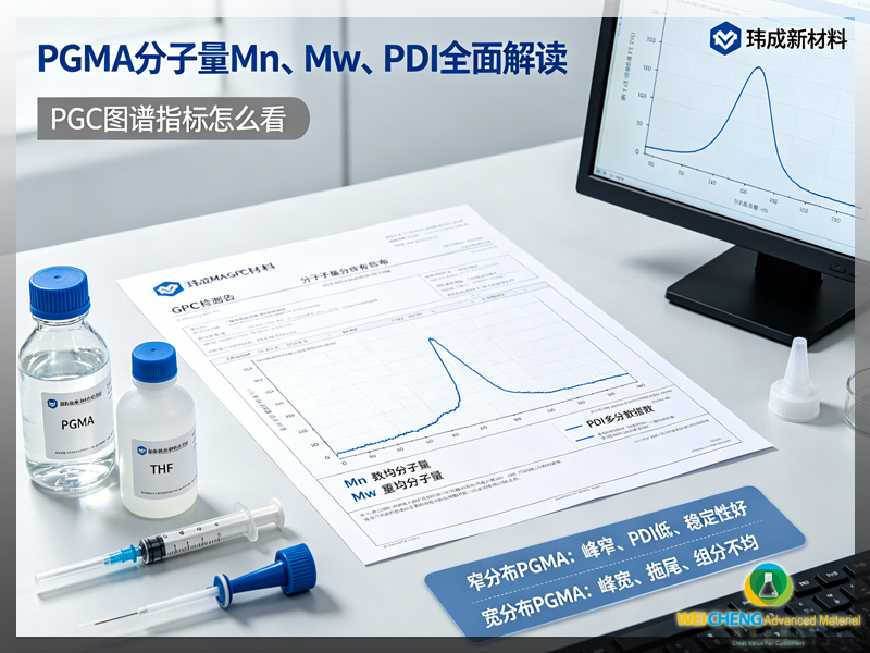 玮成新材料 PGMA GPC分子量分布曲线示意图,标注Mn、Mw、PDI,窄分布与宽分布PGMA图谱对比