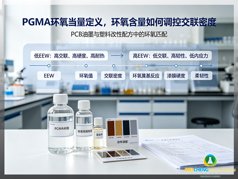 玮成新材料 PGMA分子结构环氧基团标注,不同环氧当量PGMA固化交联网络疏密对比示意图