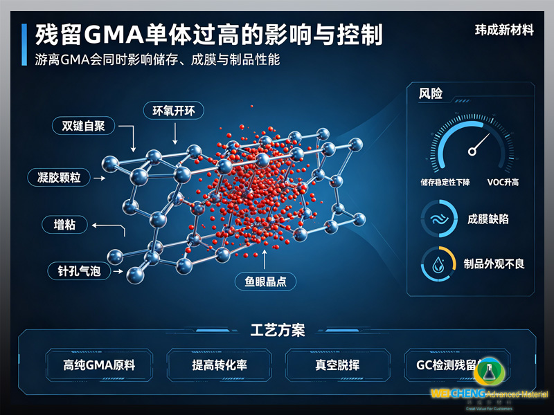 玮成新材料 PGMA树脂游离GMA杂质危害示意图,对比低残留GMA与高残留GMA体系性能差异