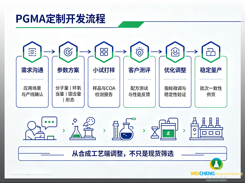 PGMA 定制流程图：需求沟通 → 参数方案 → 小试打样 → 客户测评 → 优化调整 → 稳定量产